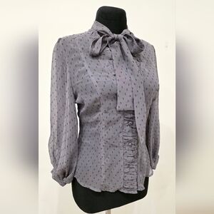 Yes Or No Vintage Chic Sheer Gray Blouse with Bow, M